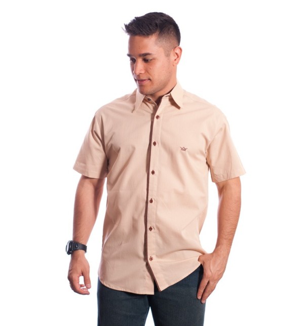 Camisa social bege masculina manga curta de algodão