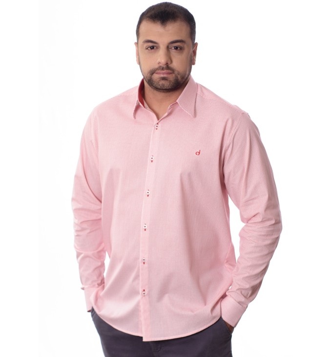 Camisa Micro Xadrez Manga Longa Vermelha