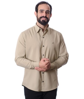 Camisa social masculina caqui com detalhes de microfibra manga longa