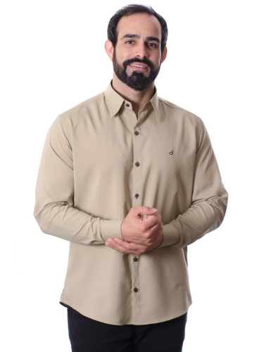 Camisa social masculina caqui com detalhes de microfibra manga longa