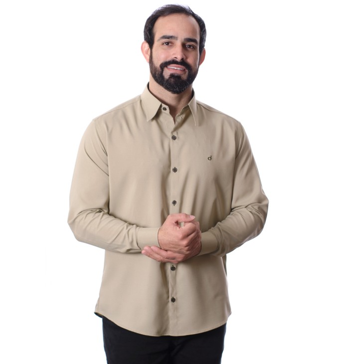 Camisa social masculina caqui com detalhes de microfibra manga longa Camisa social masculina caqui com detalhes de microfibra manga longa
