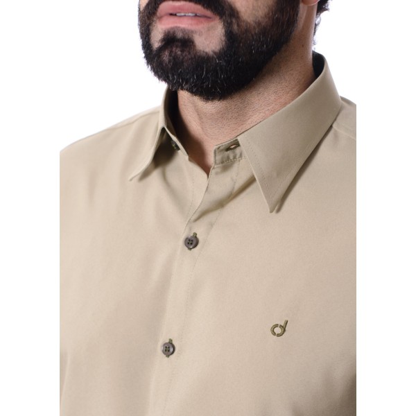 Camisa social masculina caqui com detalhes de microfibra manga longa