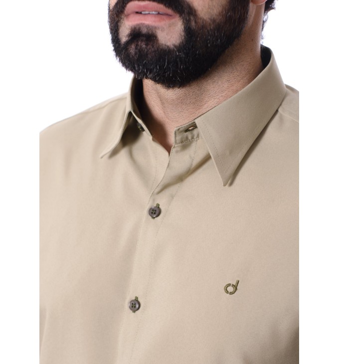Camisa social masculina caqui com detalhes de microfibra manga longa Camisa social masculina caqui com detalhes de microfibra manga longa