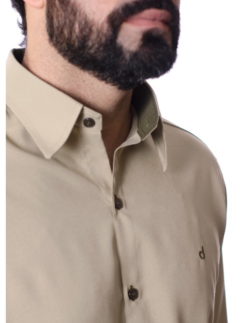 Camisa social masculina caqui com detalhes de microfibra manga longa Camisa social masculina caqui com detalhes de microfibra manga longa