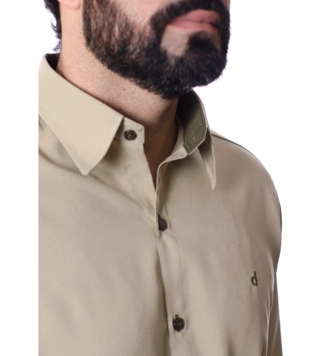 Camisa social masculina caqui com detalhes de microfibra manga longa Camisa social masculina caqui com detalhes de microfibra manga longa