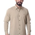 Camisa social masculina caqui com detalhes de microfibra manga longa