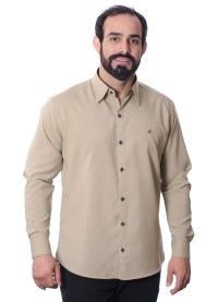 Camisa social masculina caqui com detalhes de microfibra manga longa