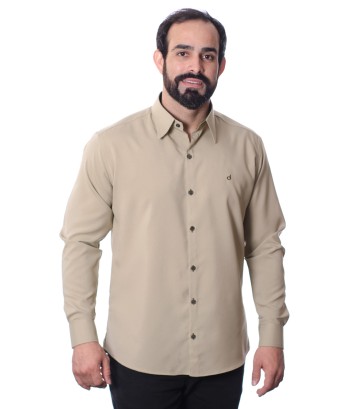 Camisa social masculina caqui com detalhes de microfibra manga longa