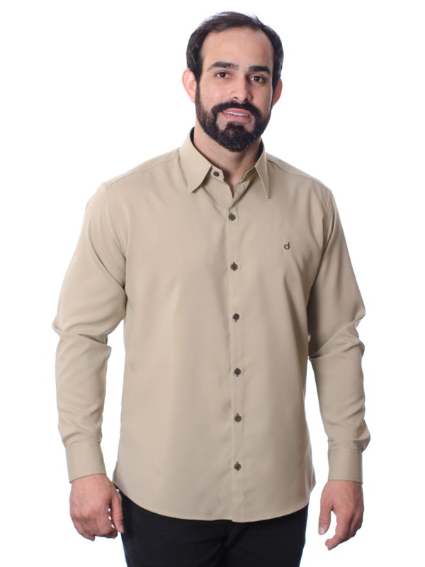 Camisa social masculina caqui com detalhes de microfibra manga longa