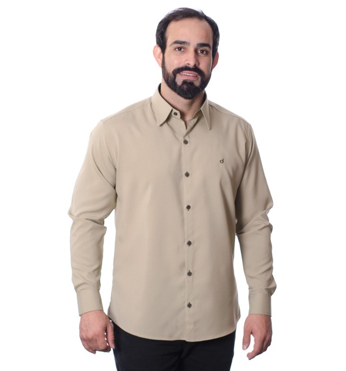 Camisa social masculina caqui com detalhes de microfibra manga longa Camisa social masculina caqui com detalhes de microfibra manga longa