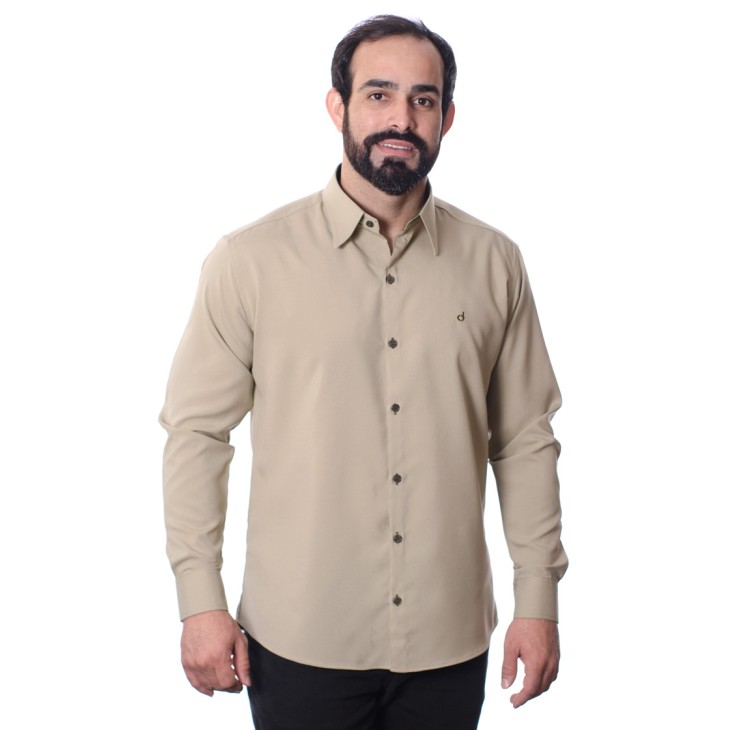 Camisa social masculina caqui com detalhes de microfibra manga longa