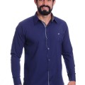 Camisa social azul marinho masculina de microfibra manga longa