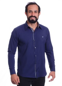 Camisa social azul marinho masculina de microfibra manga longa