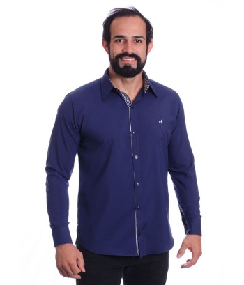 Camisa social azul marinho masculina de microfibra manga longa