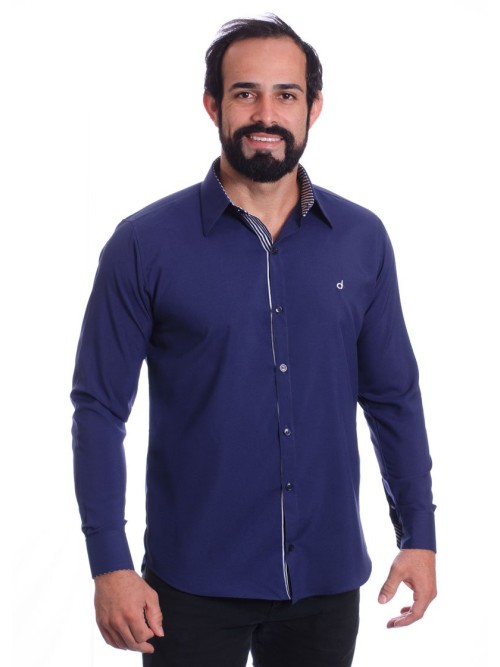 Camisa social azul marinho masculina de microfibra manga longa