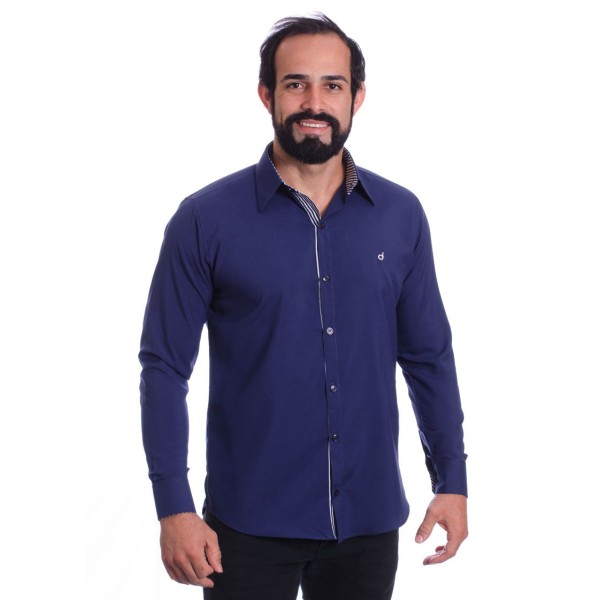 Camisa social azul marinho masculina de microfibra manga longa
