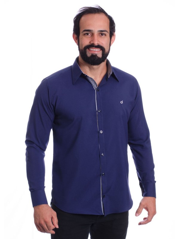 Camisa social azul marinho masculina de microfibra manga longa