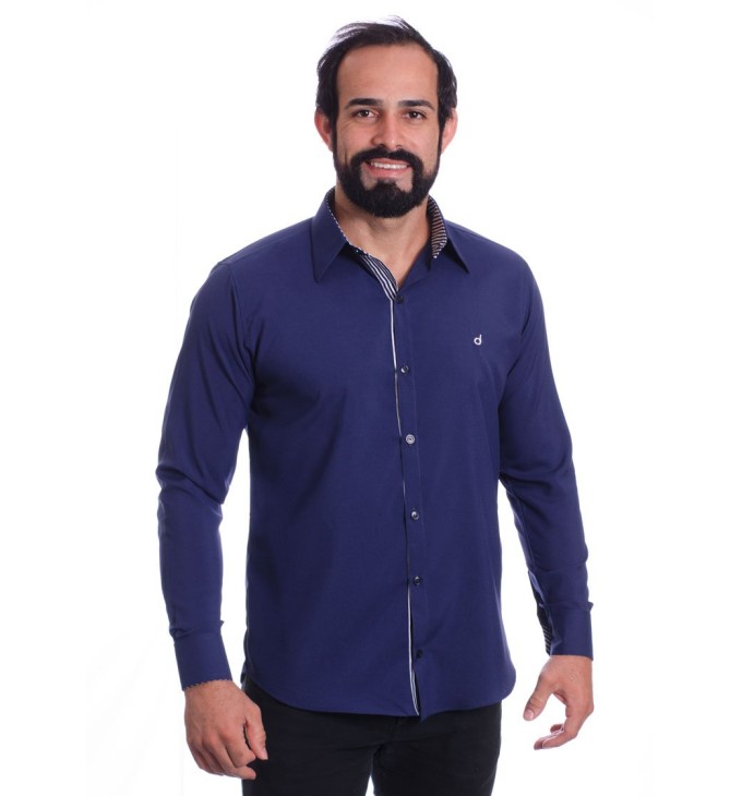 Camisa social azul marinho masculina de microfibra manga longa