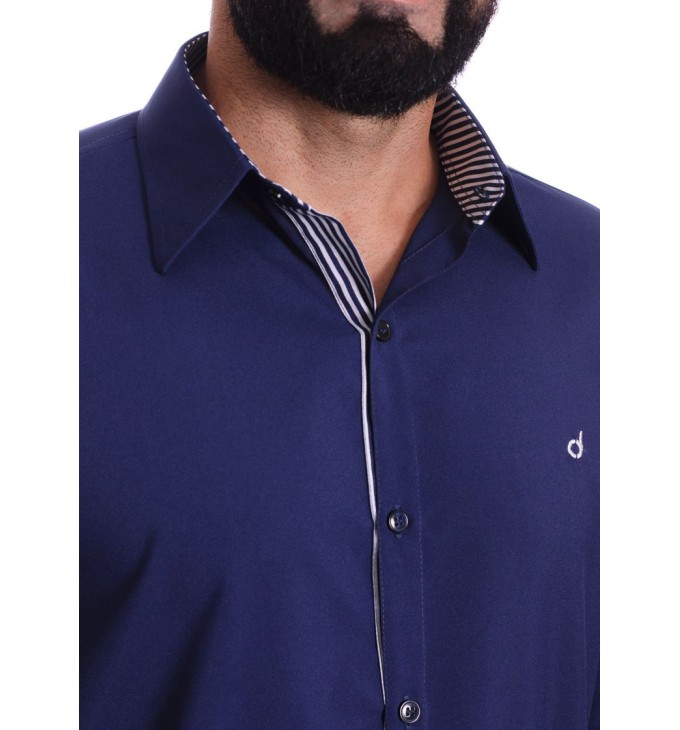 Camisa social azul marinho masculina de microfibra manga longa