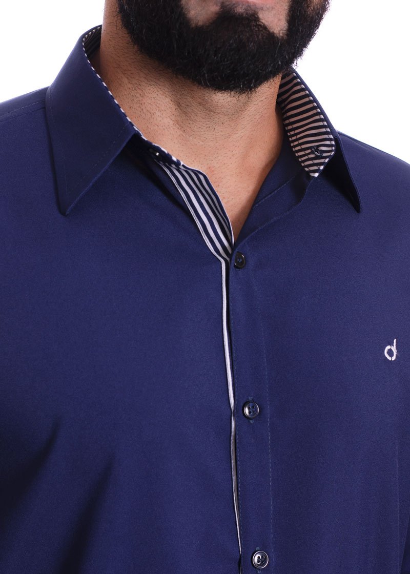 Camisa social azul marinho masculina de microfibra manga longa