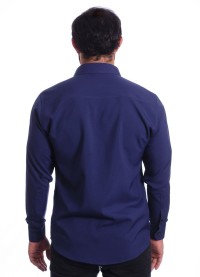 Camisa social azul marinho masculina de microfibra manga longa