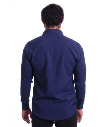Camisa social azul marinho masculina de microfibra manga longa