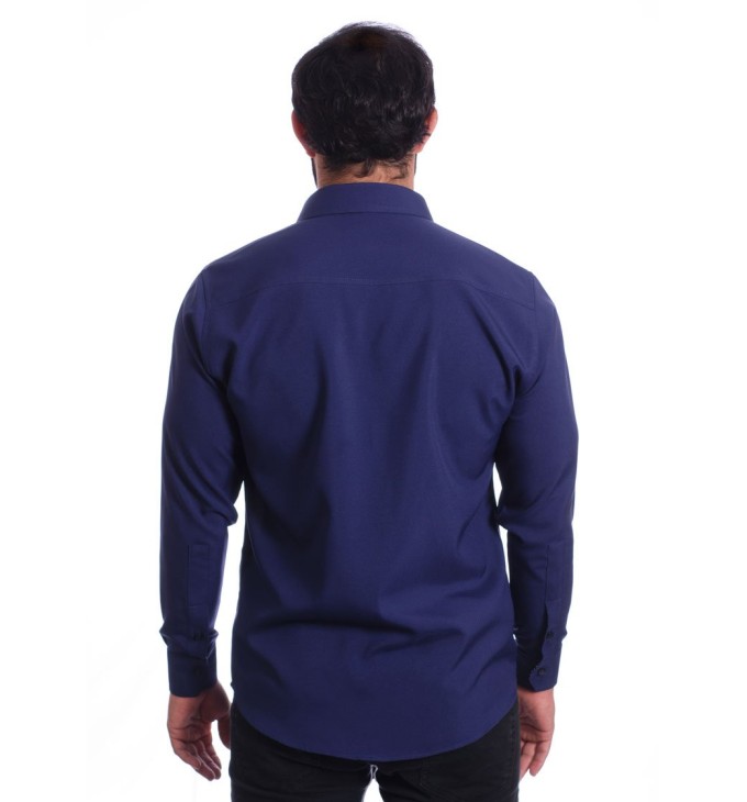 Camisa social azul marinho masculina de microfibra manga longa