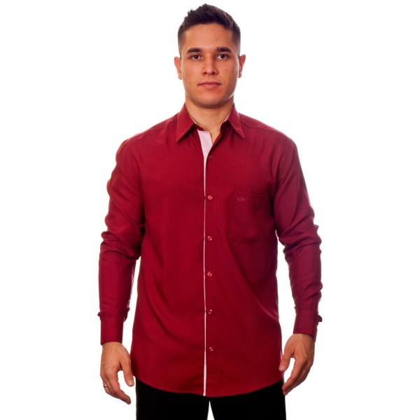 Camisa social vinho masculina manga longa de microfibra com detalhe