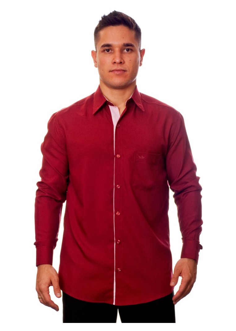 Camisa social vinho masculina manga longa de microfibra com detalhe