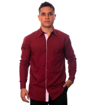 Camisa social vinho masculina manga longa de microfibra com detalhe