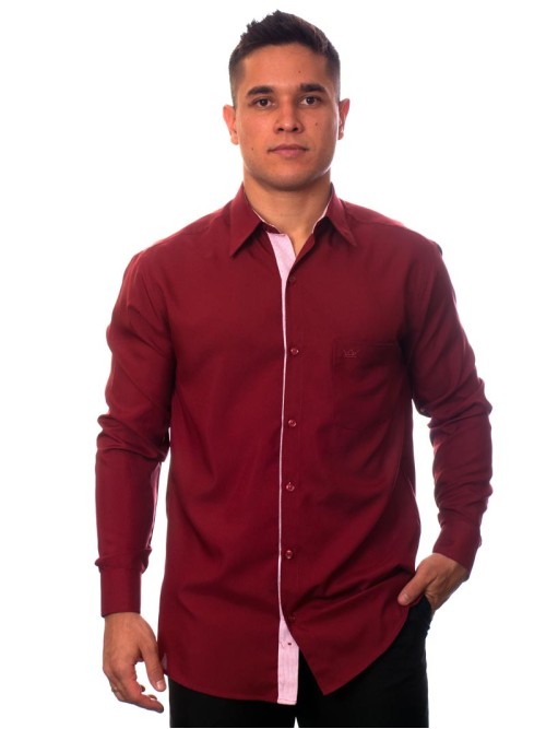 Camisa social vinho masculina manga longa de microfibra com detalhe