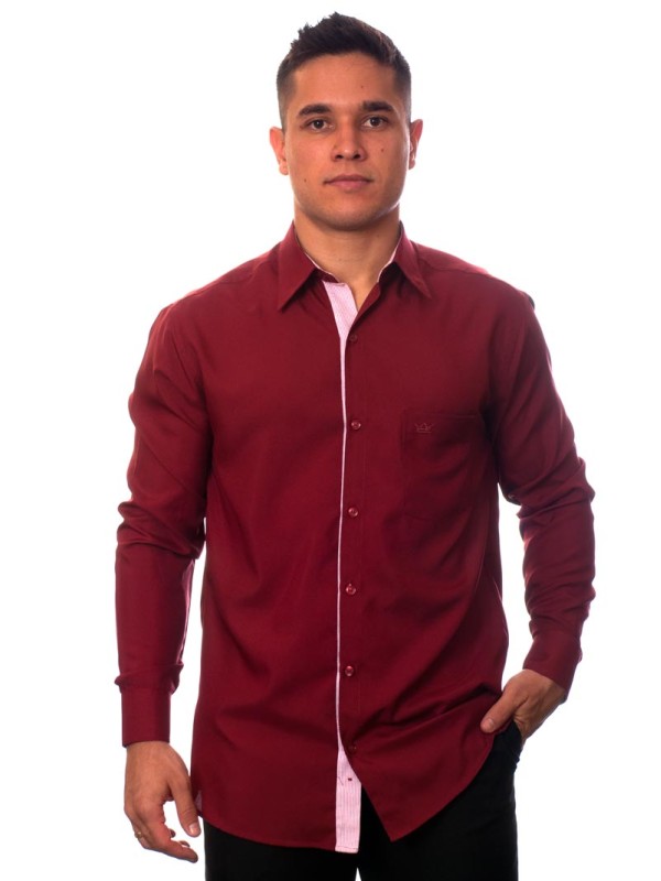 Camisa social vinho masculina manga longa de microfibra com detalhe