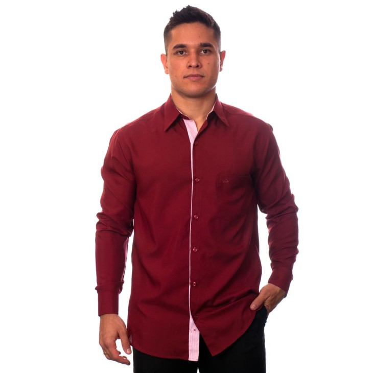 Camisa social vinho masculina manga longa de microfibra com detalhe