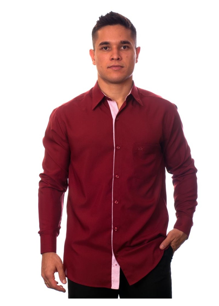 Camisa social vinho masculina manga longa de microfibra com detalhe
