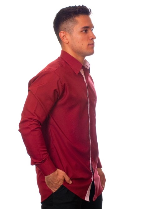 Camisa social vinho masculina manga longa de microfibra com detalhe