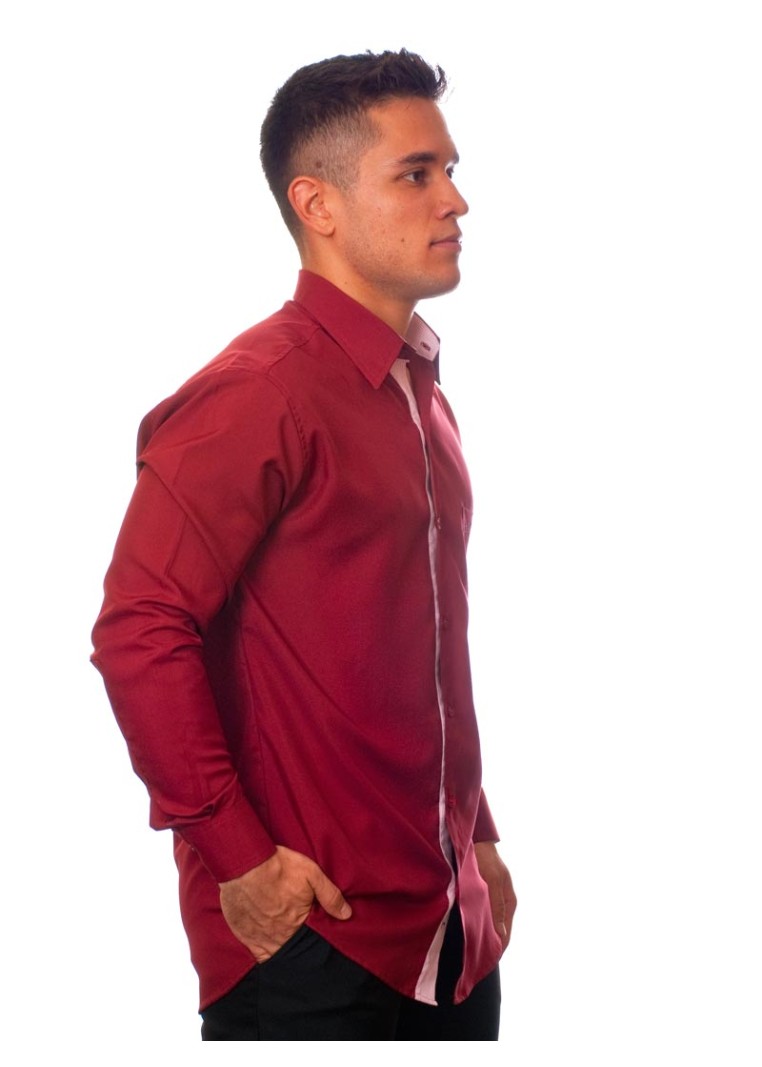 Camisa social vinho masculina manga longa de microfibra com detalhe
