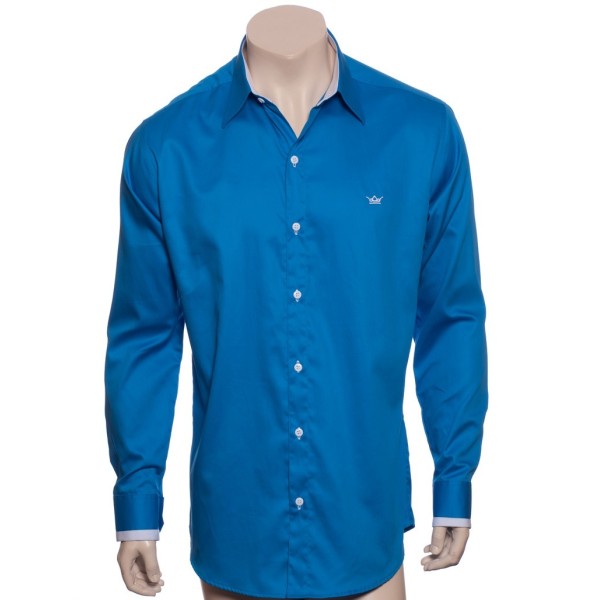 Camisa social azul náutico masculina manga longa de fio egípcio