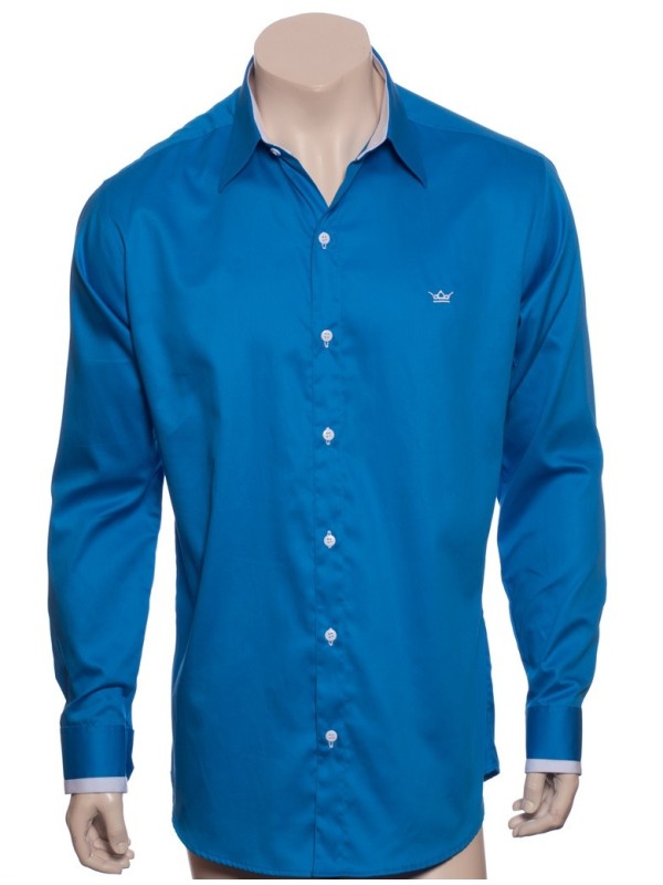 Camisa social azul náutico masculina manga longa de fio egípcio