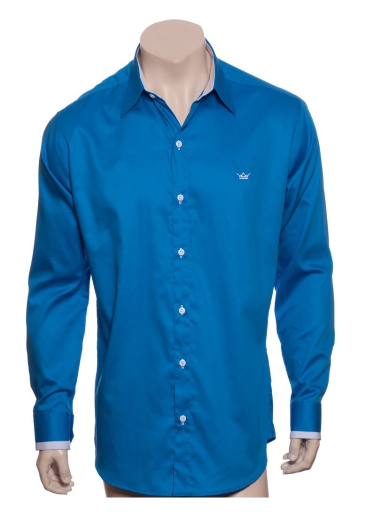 Camisa social azul náutico masculina manga longa de fio egípcio