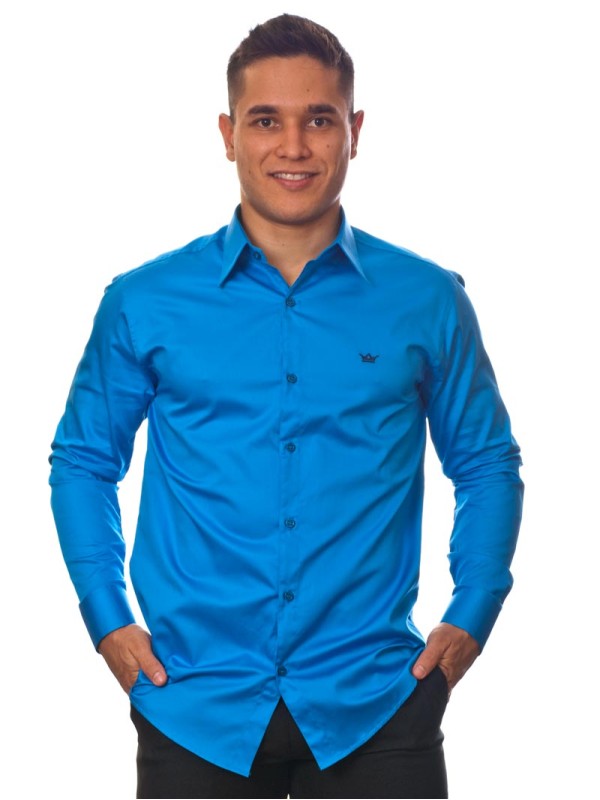 Camisa social azul masculina manga longa fio egípcio