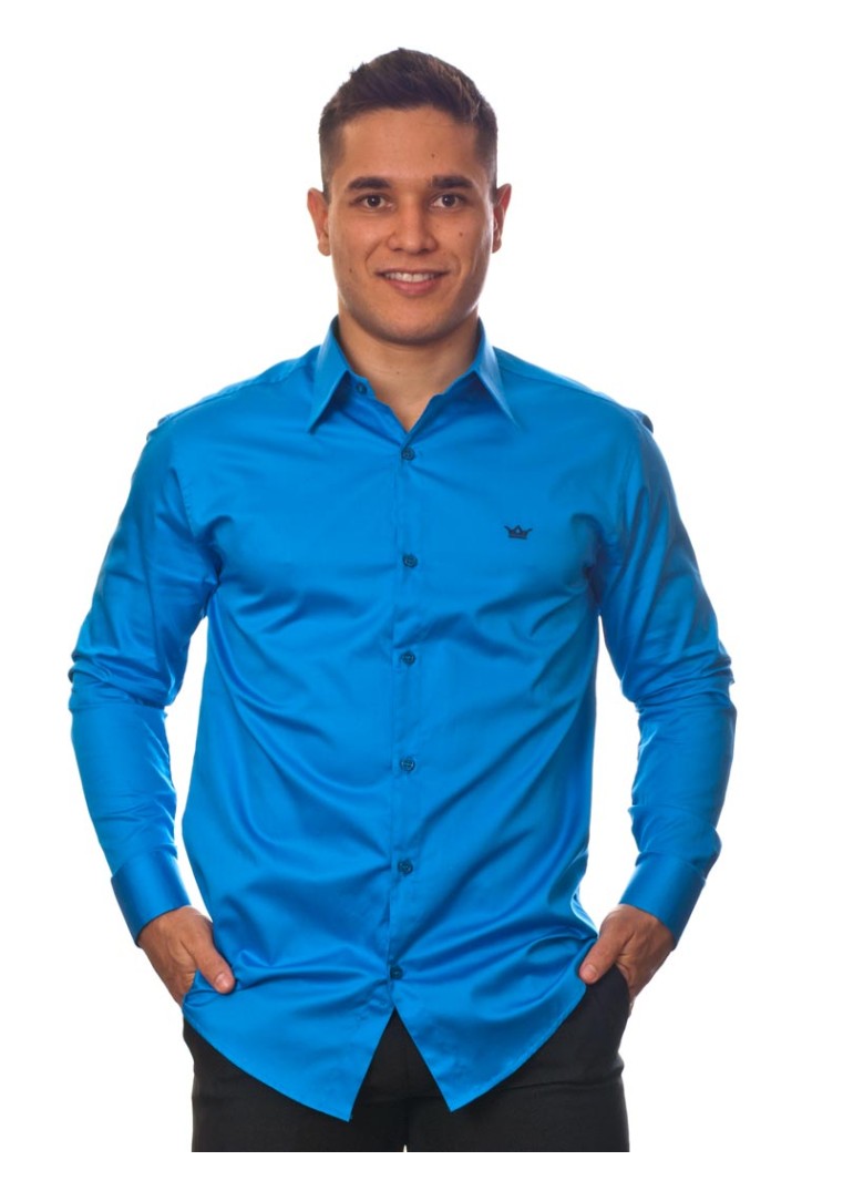 Camisa social azul masculina manga longa fio egípcio