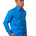 Camisa social azul masculina manga longa fio egípcio