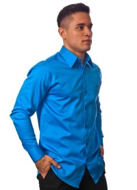 Camisa social azul masculina manga longa fio egípcio