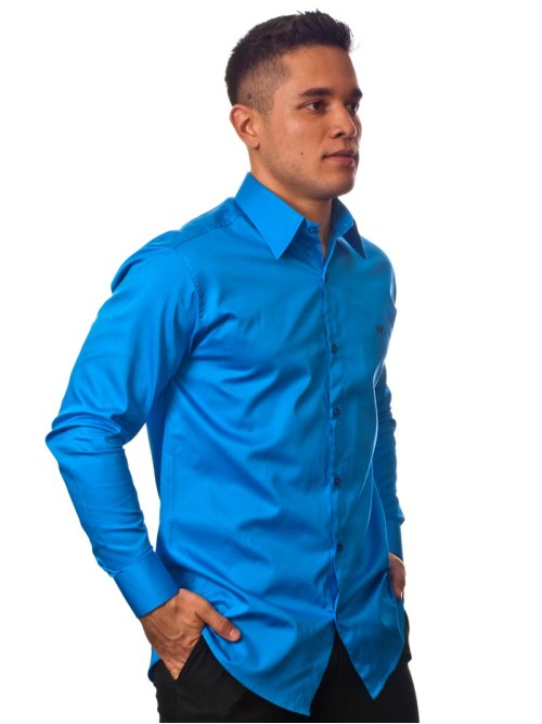 Camisa social azul masculina manga longa fio egípcio