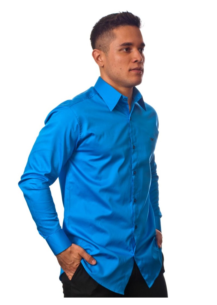 Camisa social azul masculina manga longa fio egípcio