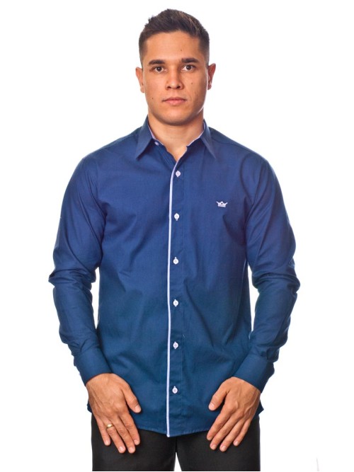 Camisa social azul marinho de tricoline manga longa Camisa social azul marinho de tricoline manga longa