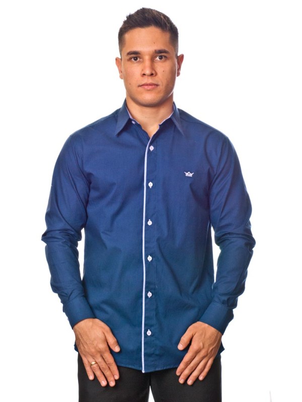 Camisa social azul marinho de tricoline manga longa