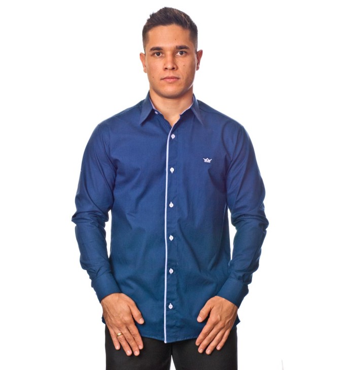 Camisa social azul marinho de tricoline manga longa Camisa social azul marinho de tricoline manga longa