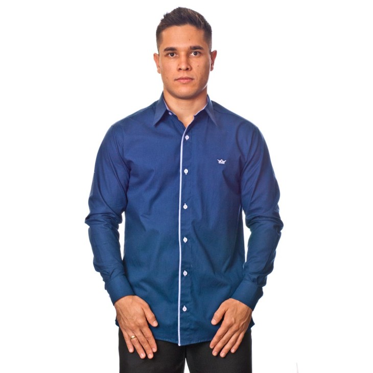 Camisa social azul marinho de tricoline manga longa