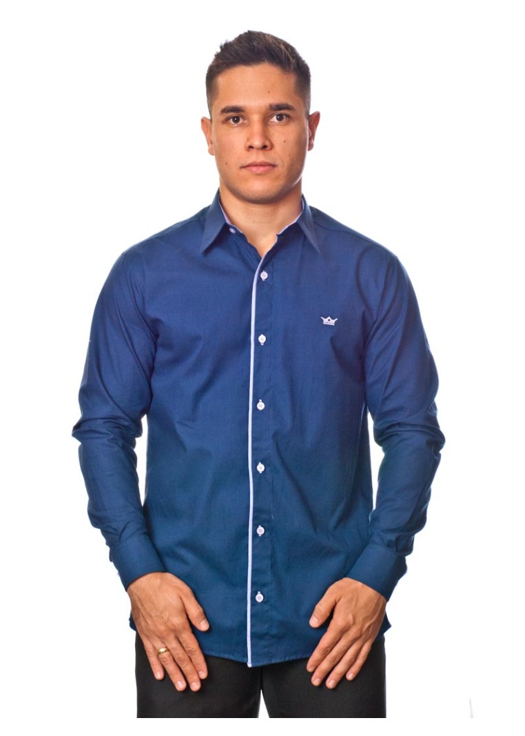 Camisa social azul marinho de tricoline manga longa